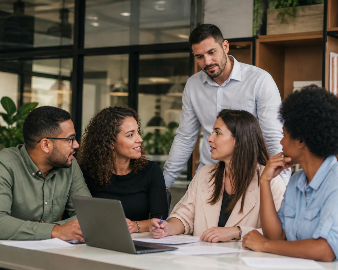 Equipe brasileira diversa reunida em ambiente de trabalho contemporâneo